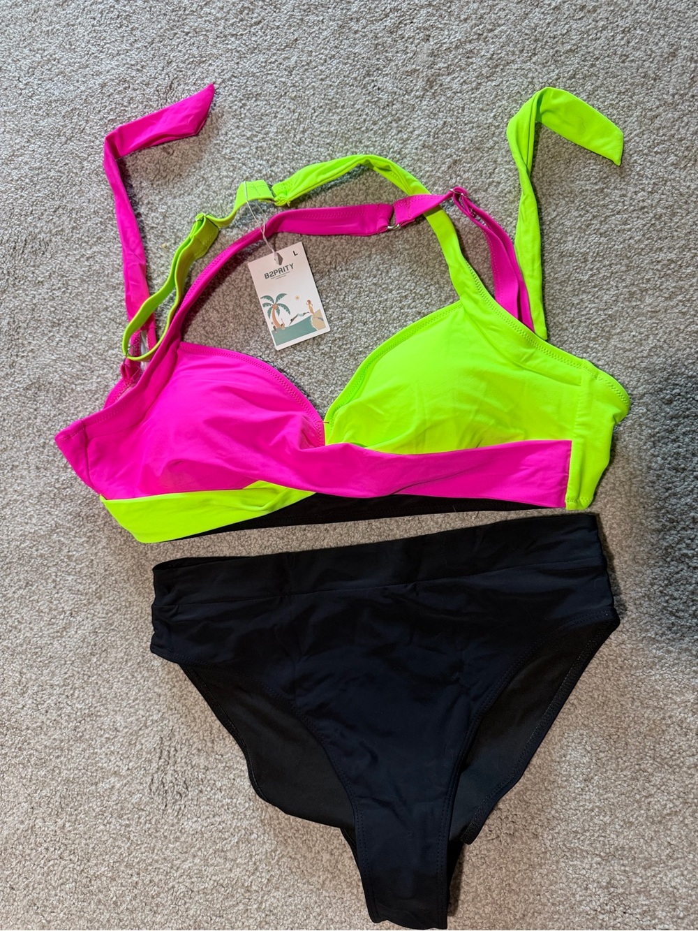 Colorblock Neon Pink & Green Bikini Top with Black High-Waist Bottoms